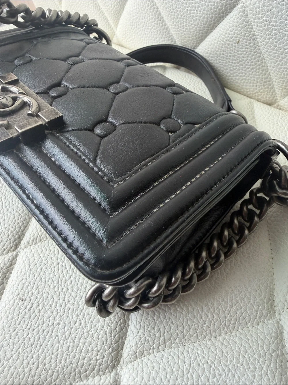 CHANEL Black Quilted Boy Crossbody Ruth hardware. Small boy.